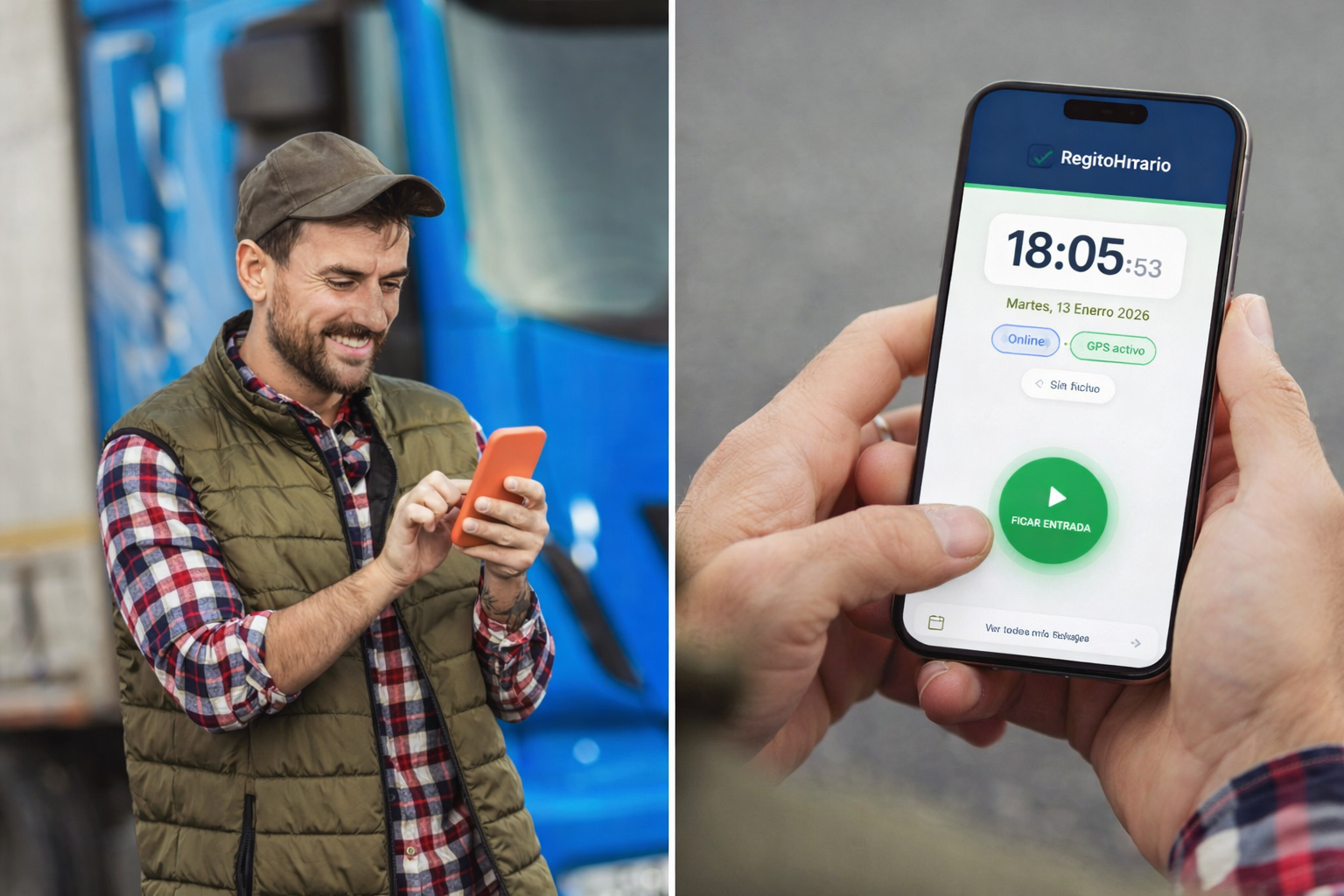 Conductor de transporte fichando con la app REGISTRORARIO en su móvil